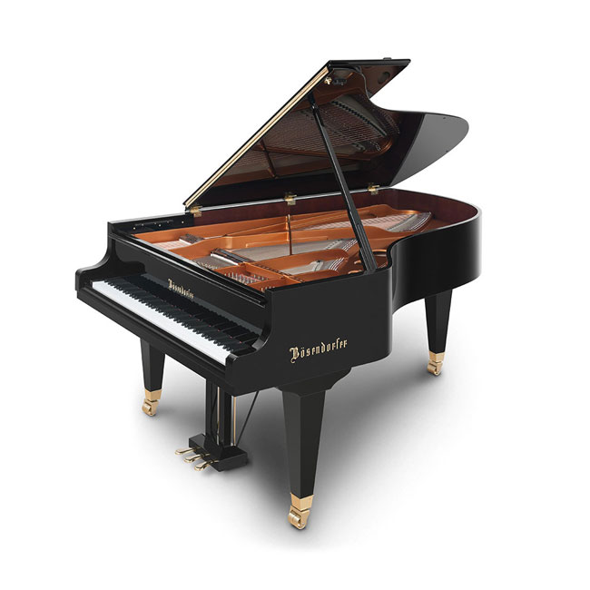Bosendorfer-214-vc-2 Bösendorfer grand piano with polished black finish and open lid in a showroom setting.