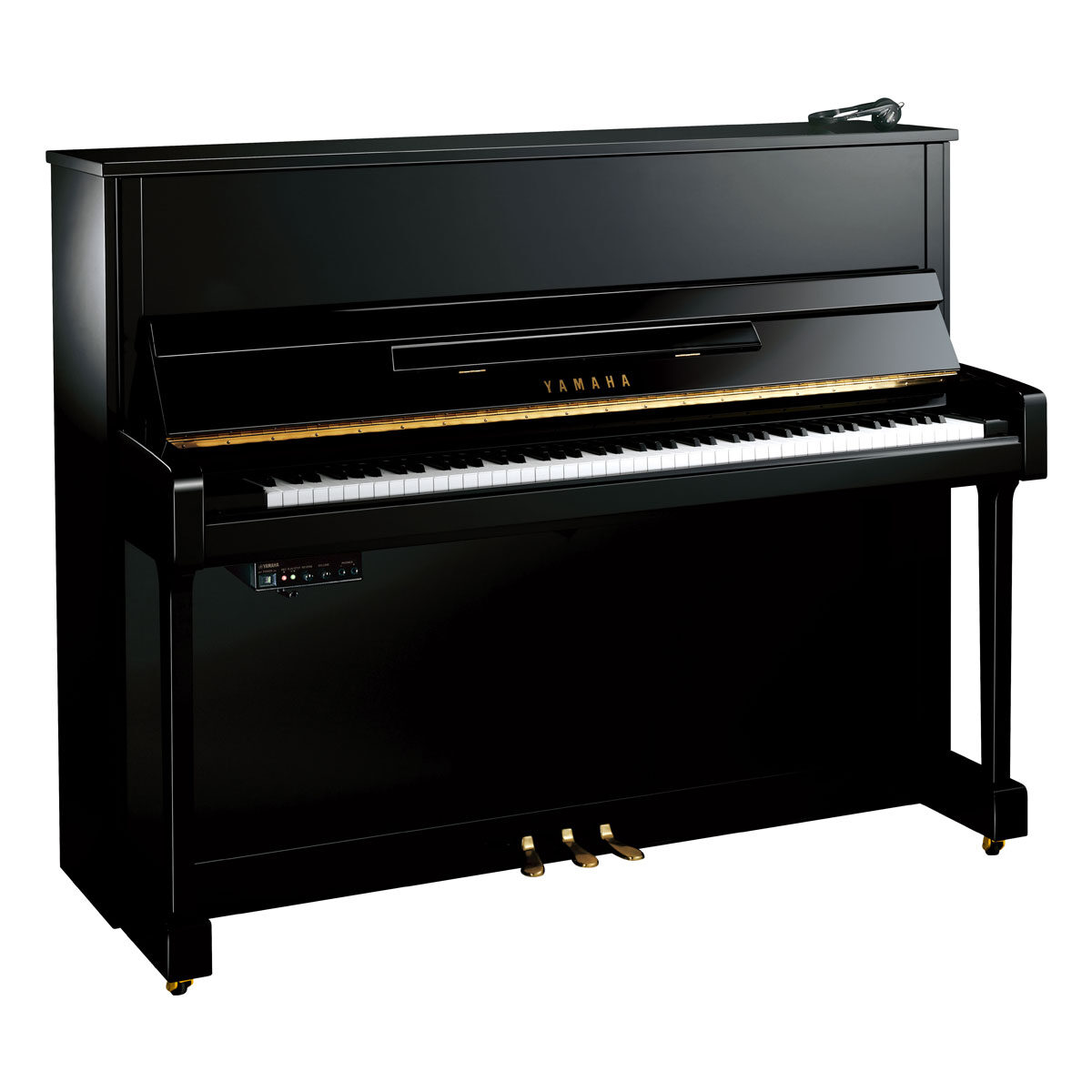Yamaha upright piano in polished black finish with electronic controls.