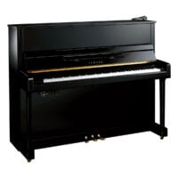 Yamaha upright piano in polished black finish with electronic controls.