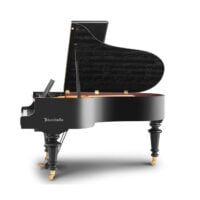 Bösendorfer grand piano with black finish and decorative music score on lid.