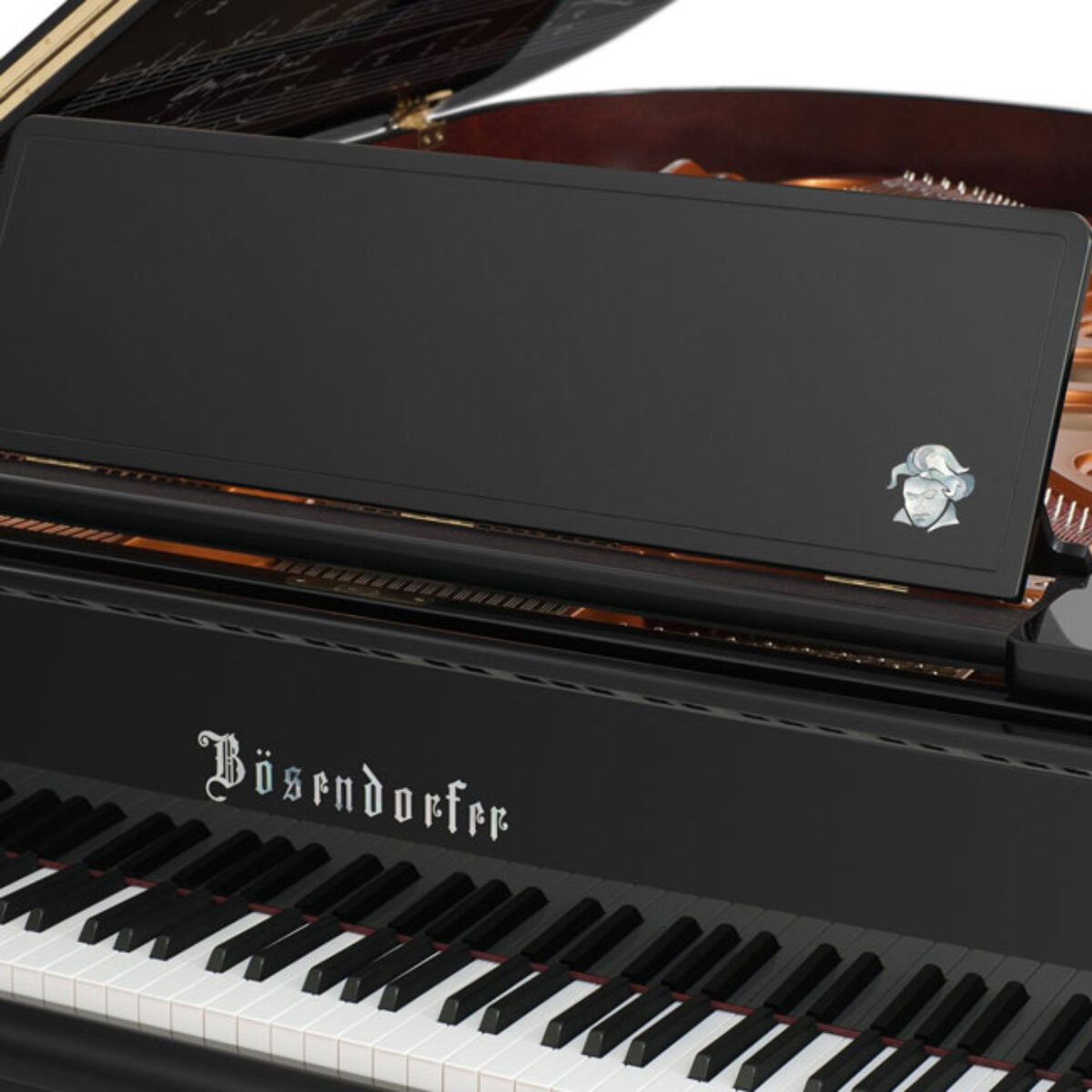 Bösendorfer grand piano with open lid, black finish, and visible strings.