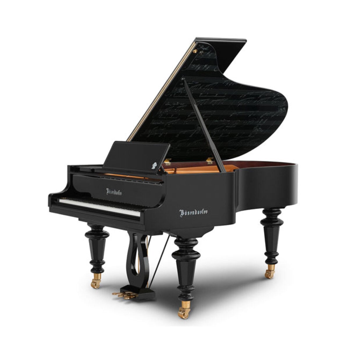 Bösendorfer grand piano in polished black finish with music-themed interior lid design.