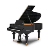 Bösendorfer grand piano in polished black finish with music-themed interior lid design.