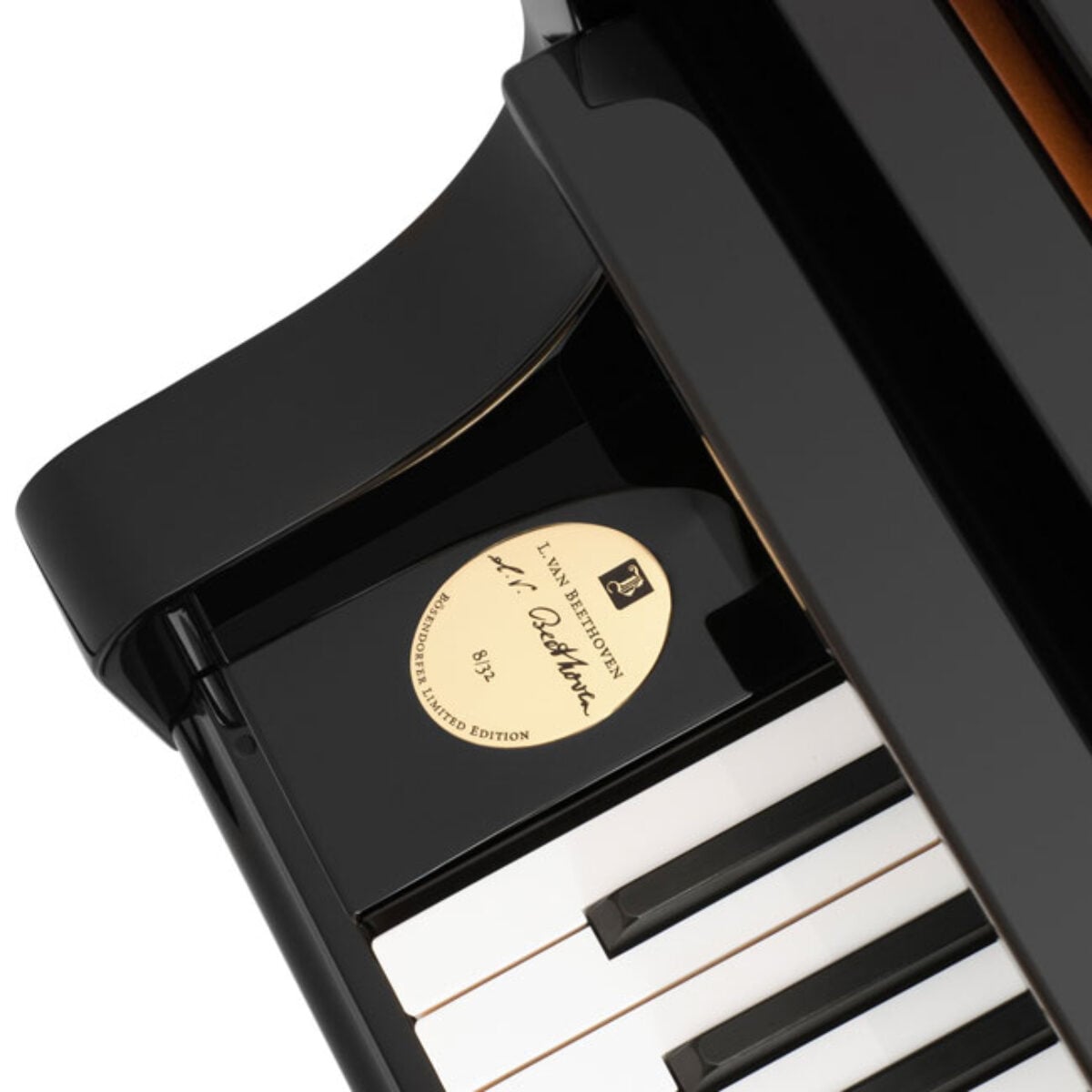 Close-up of grand piano keys and Beethoven nameplate in glossy black finish.