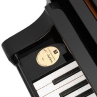 Close-up of grand piano keys and Beethoven nameplate in glossy black finish.