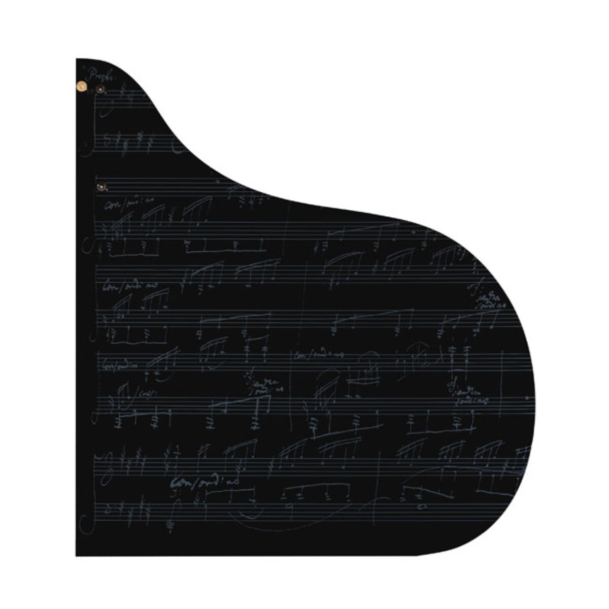 Abstract outline of a grand piano filled with handwritten sheet music.