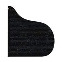 Abstract outline of a grand piano filled with handwritten sheet music.