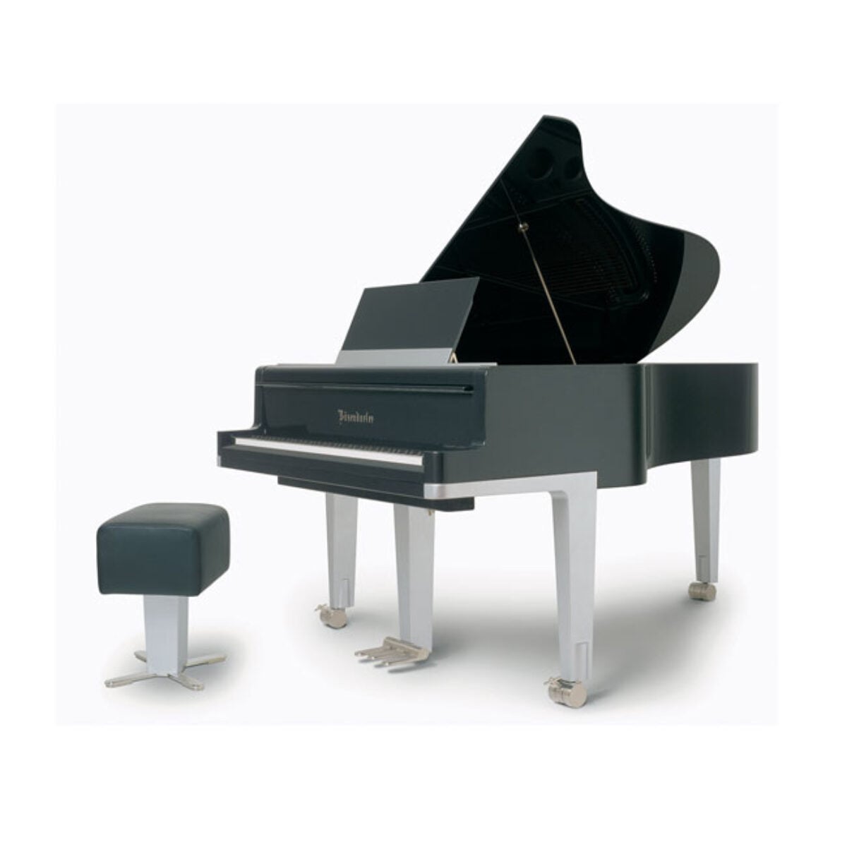 Bösendorfer grand piano in sleek black finish with matching bench in a minimalist showroom setting.