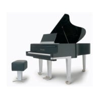 Bösendorfer grand piano in sleek black finish with matching bench in a minimalist showroom setting.
