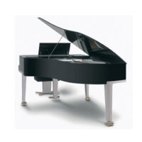 Modern black grand piano with sleek design and open lid in a bright showroom.