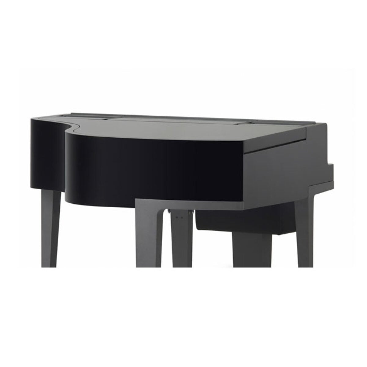 Black digital grand piano with a sleek, modern design in a minimalist setting.