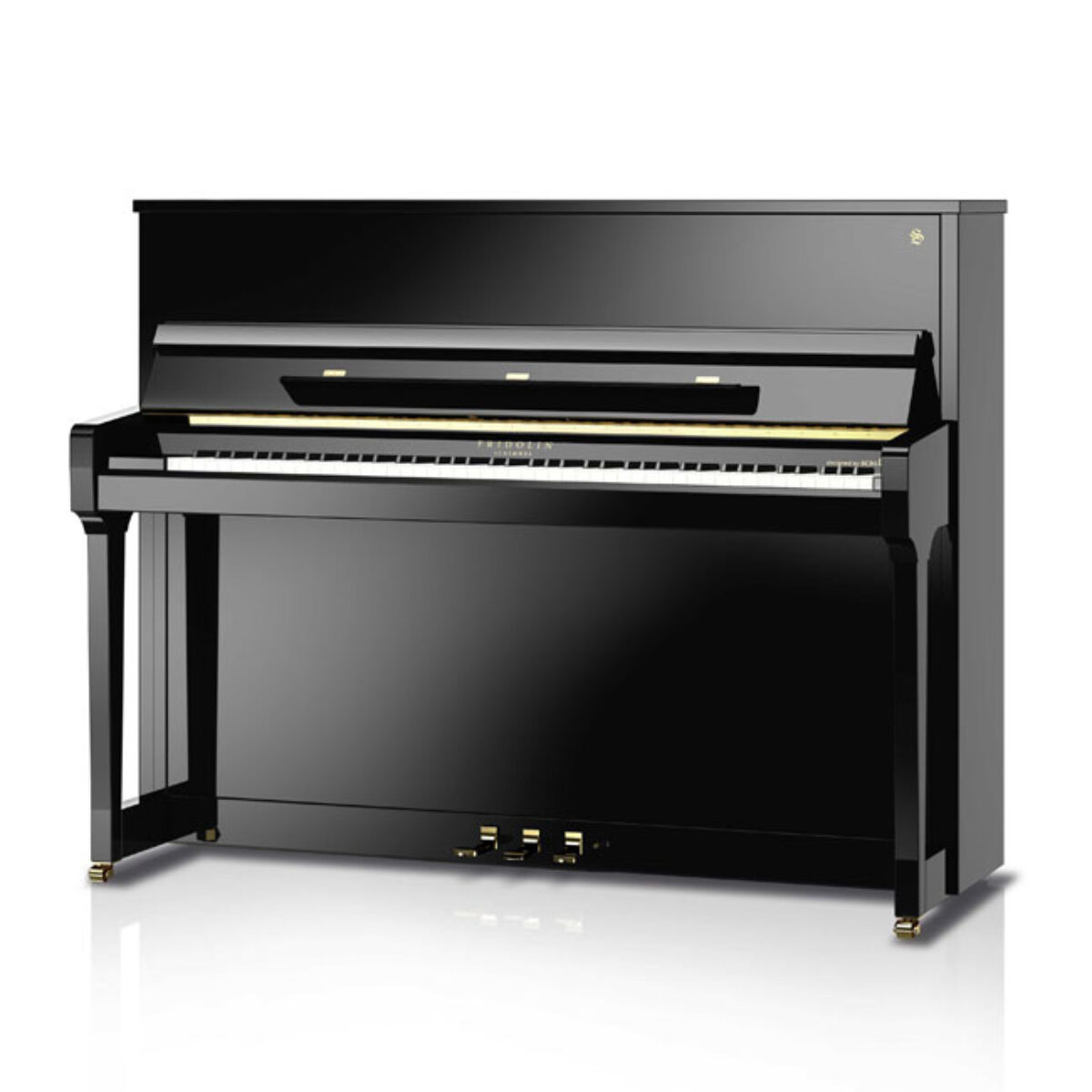Black upright piano with glossy finish, showcasing a studio model design.