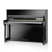 Black upright piano with glossy finish, showcasing a studio model design.