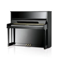 Schimmel black upright piano with polished finish, shown in a studio setting.