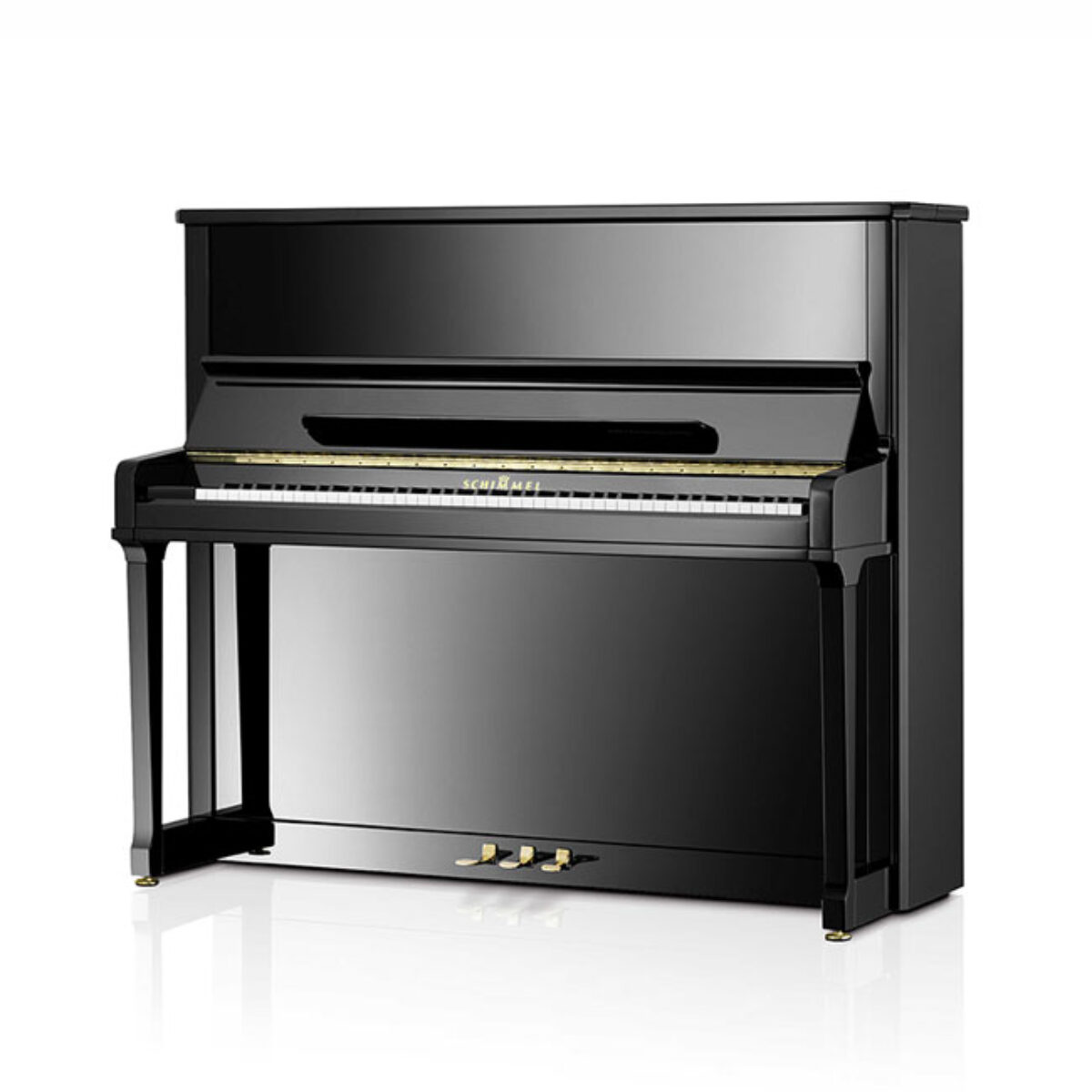 Black Schimmel upright piano with polished finish.