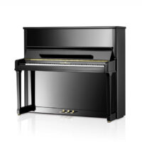 Black Schimmel upright piano with polished finish.