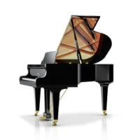 Black grand piano with open lid showcasing interior strings, polished finish.