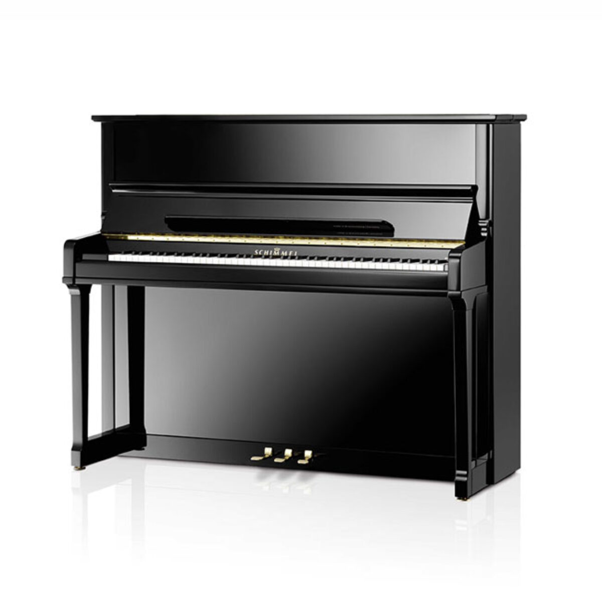 Black upright Schimmel piano with polished finish on a white background.