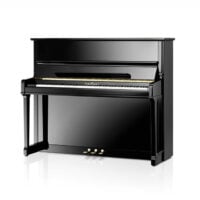 Black upright Schimmel piano with polished finish on a white background.