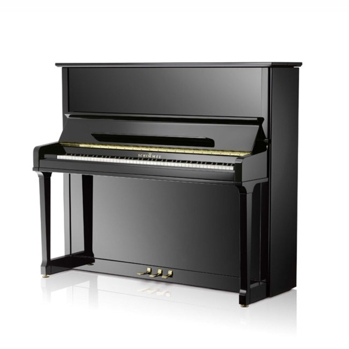 Schimmel upright piano with polished black finish.