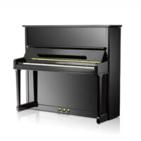 Schimmel upright piano with polished black finish.