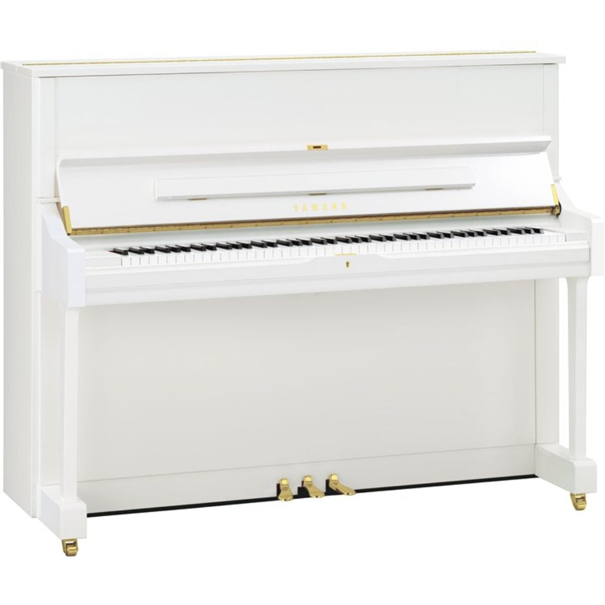 White Yamaha upright piano with polished finish and gold accents.