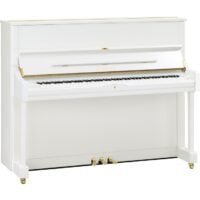 White Yamaha upright piano with polished finish and gold accents.