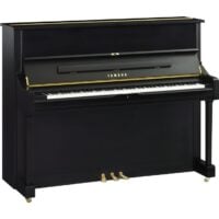 Yamaha upright piano with black finish and gold accents.