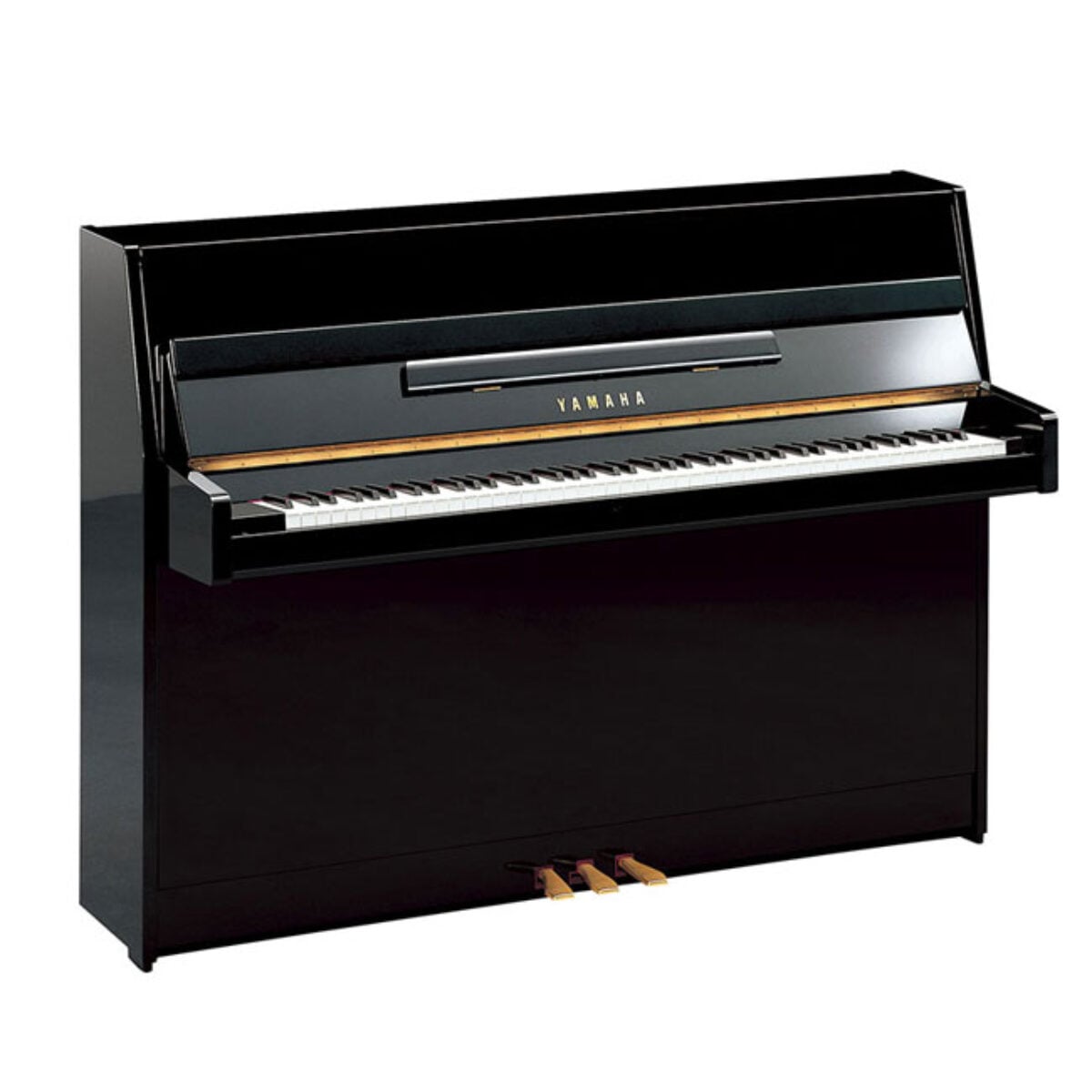 Yamaha upright piano with polished black finish.