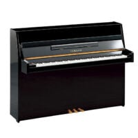 Yamaha upright piano with polished black finish.