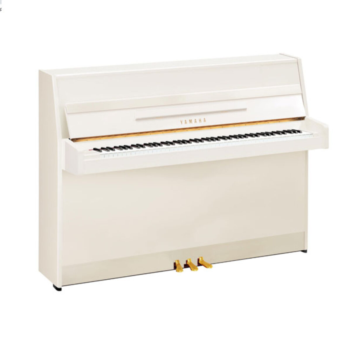 Yamaha upright piano in white finish with three pedals, isolated on a white background.