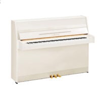 Yamaha upright piano in white finish with three pedals, isolated on a white background.