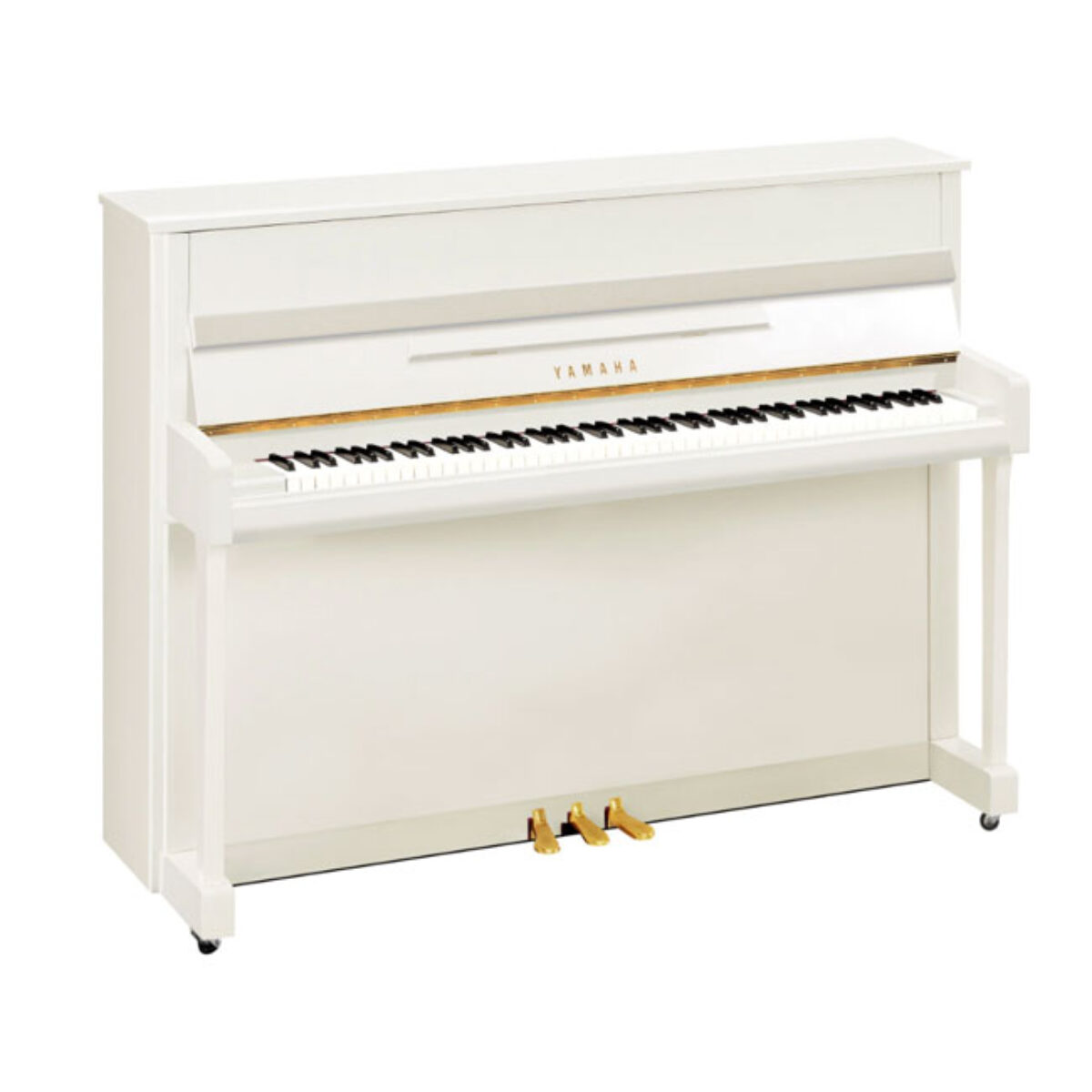 White Yamaha upright piano with gold pedals.