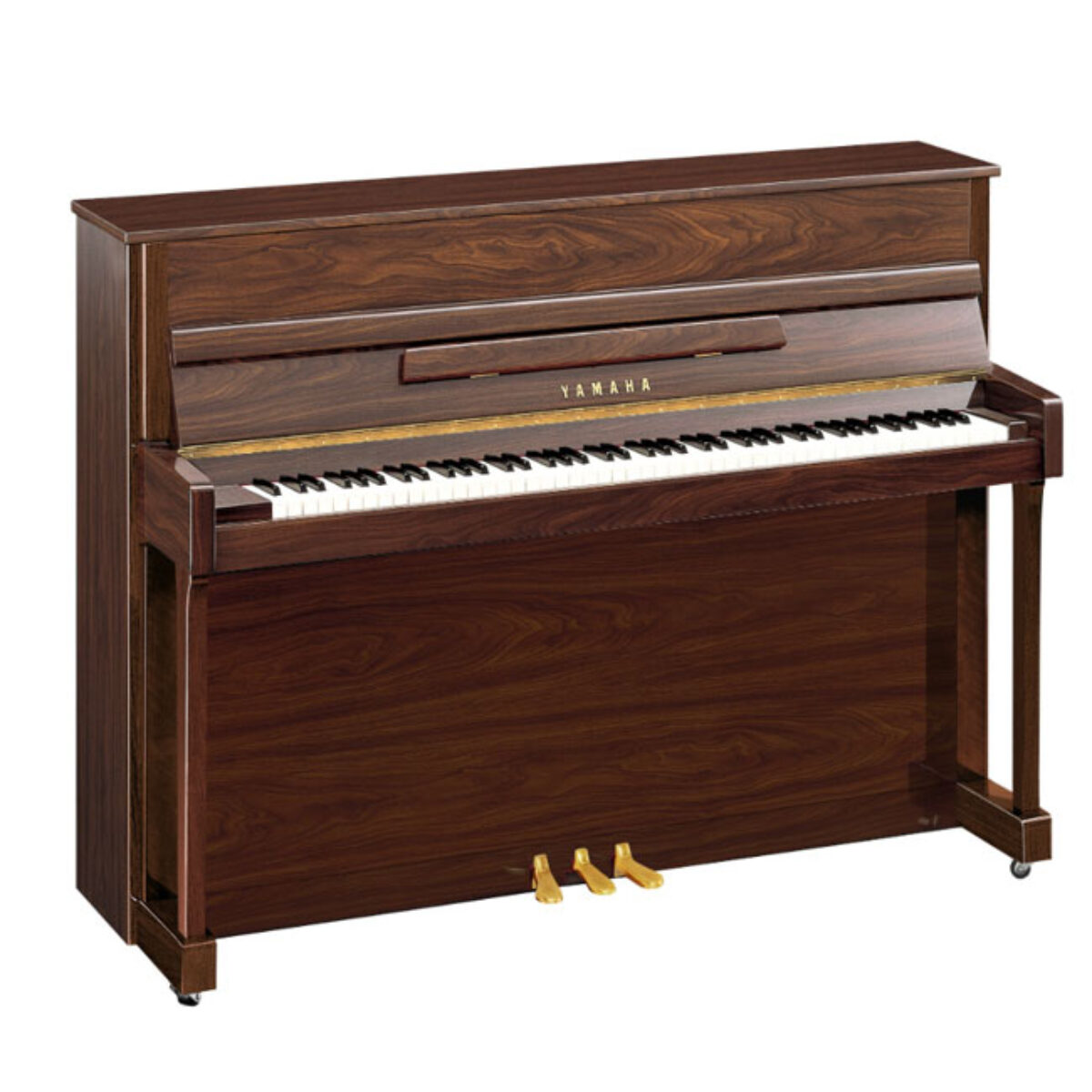 Yamaha upright piano with polished wood finish.