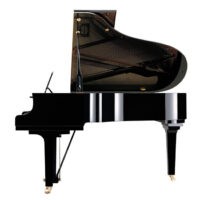 Black grand piano with open lid, showcasing strings and glossy finish.