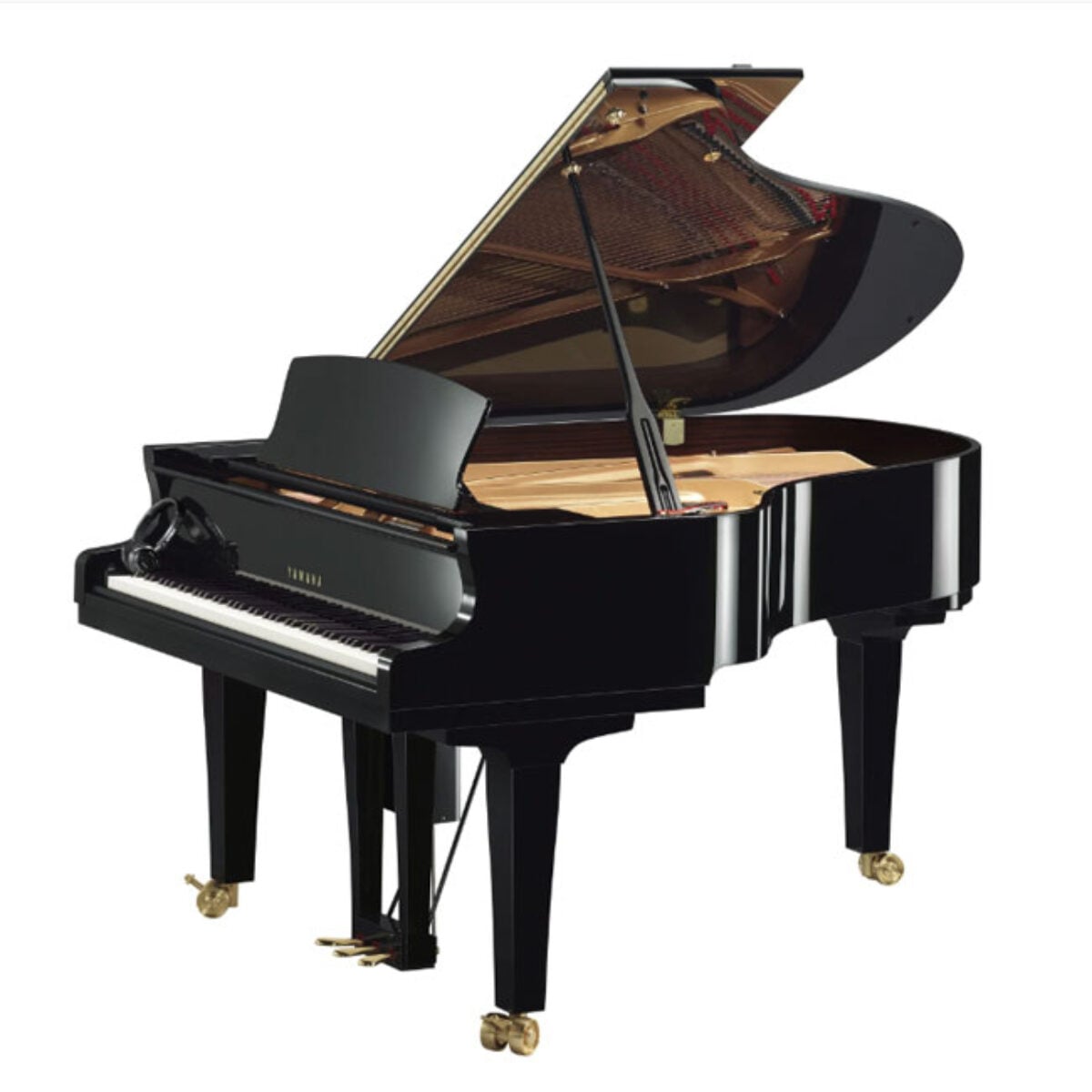 Yamaha grand piano with polished black finish, lid open, showcasing strings and hammers.