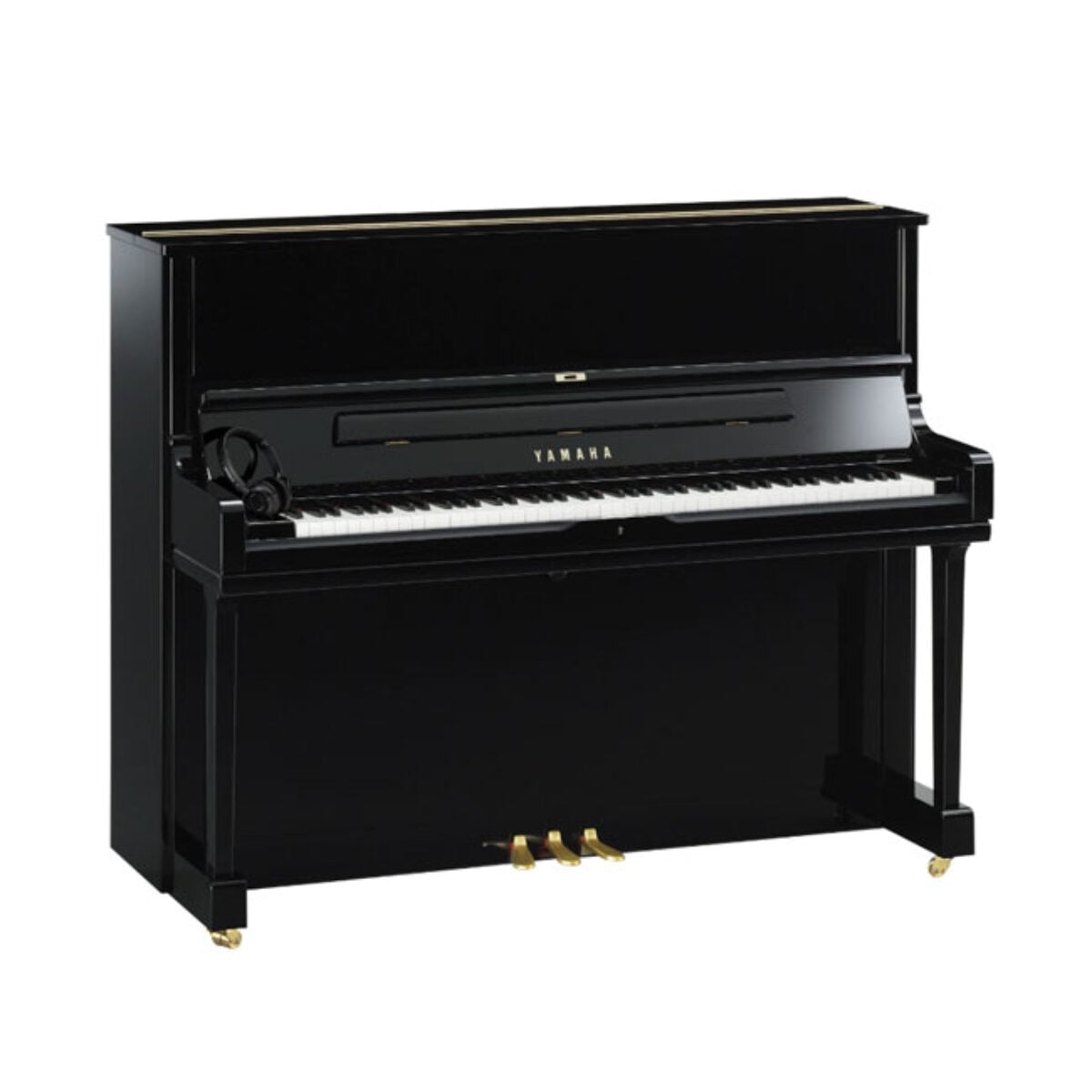 Yamaha upright piano with glossy black finish, set in a showroom.