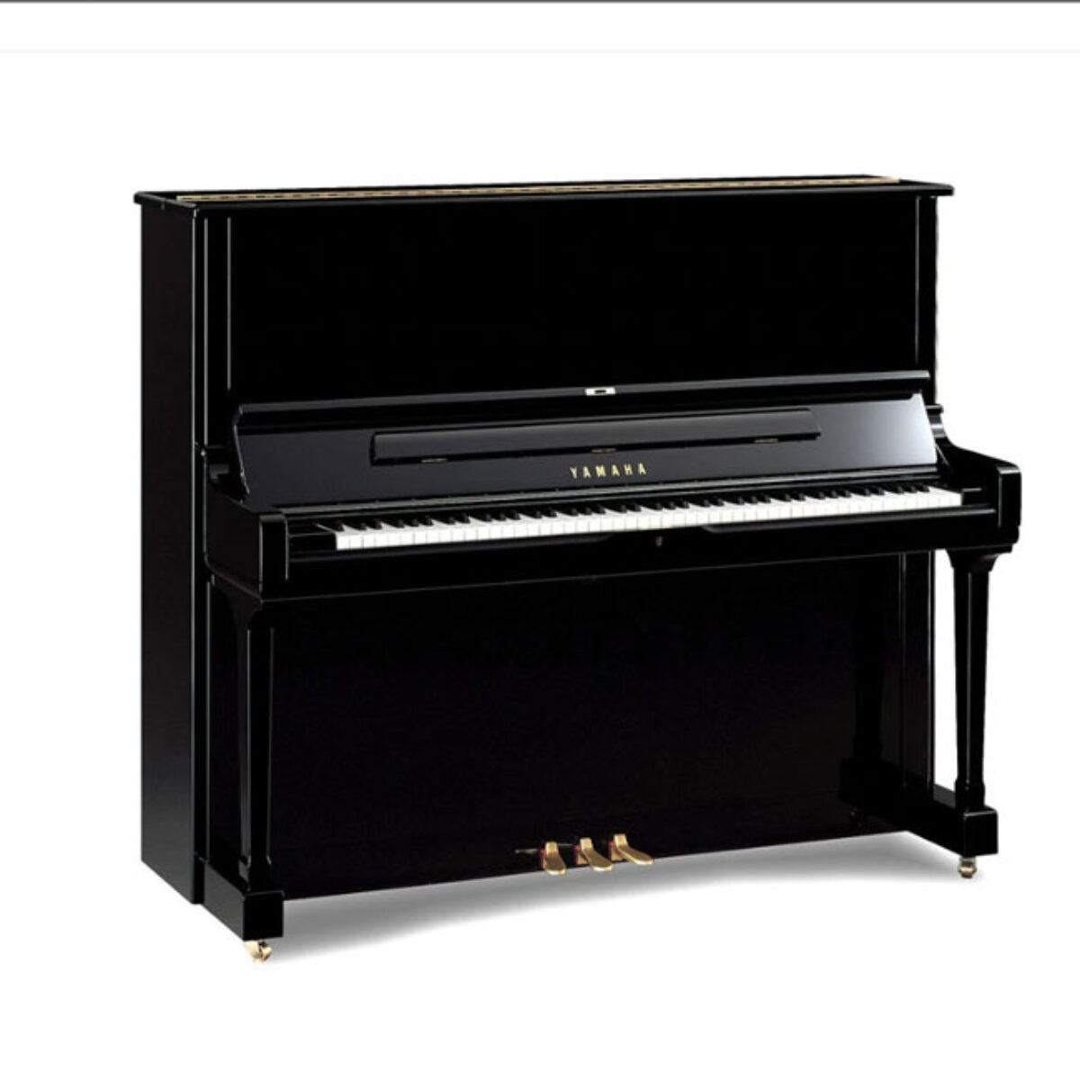 Yamaha upright piano with black polished finish.