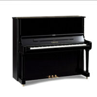 Yamaha upright piano with black polished finish.