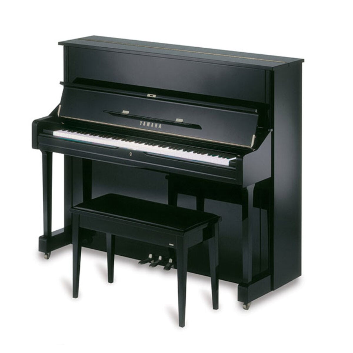 Yamaha black upright piano with matching bench, showroom setting.