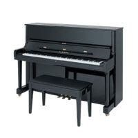 Yamaha upright piano with black finish and matching bench in a showroom setting.