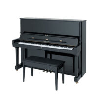 Yamaha upright piano with glossy black finish and matching bench in a showroom setting.