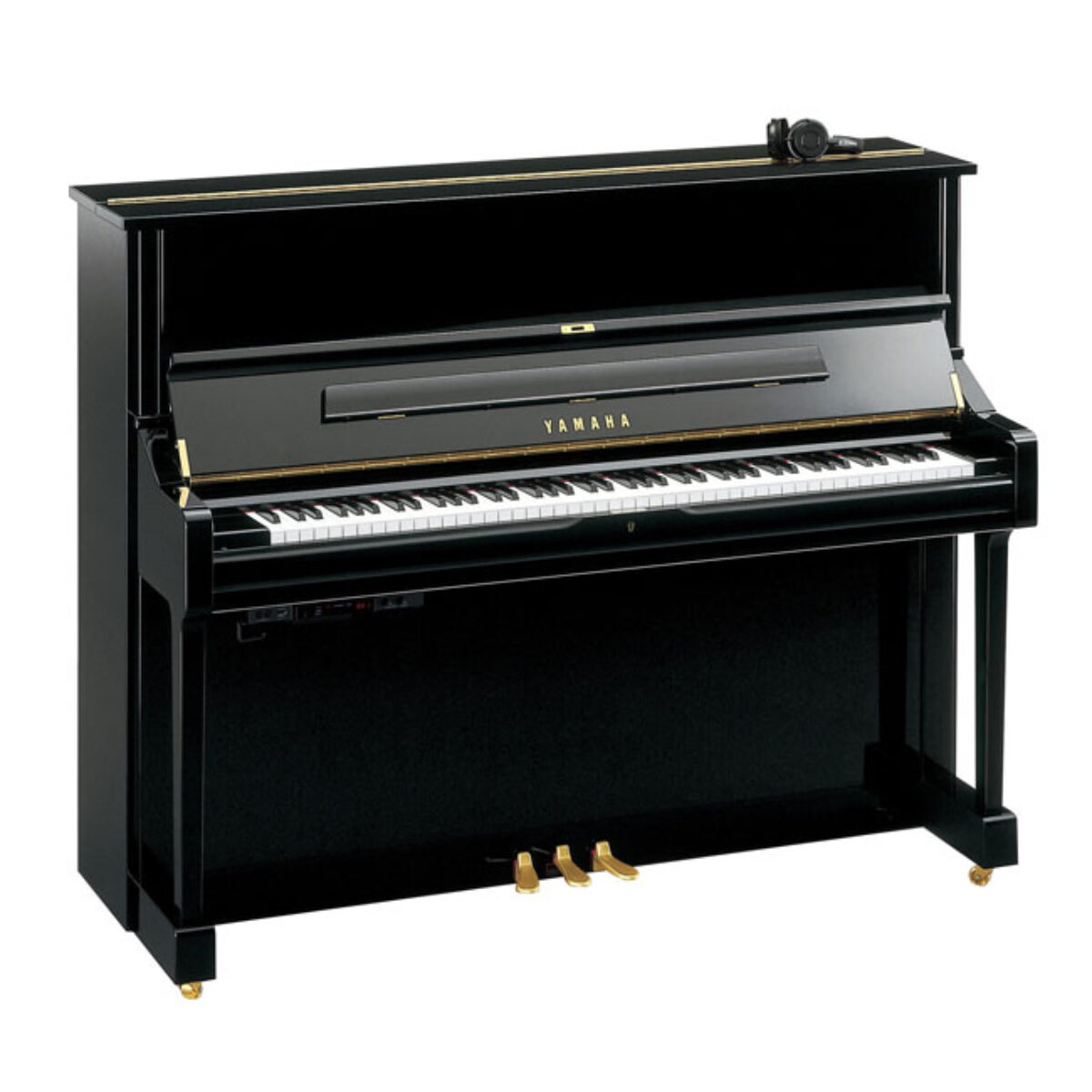 Yamaha upright piano with glossy black finish and headphones on top, ideal for practice and performance.