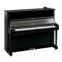 Yamaha upright piano with glossy black finish and headphones on top, ideal for practice and performance.