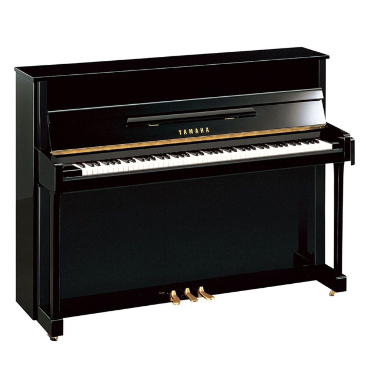 Yamaha upright piano with black polished finish and three pedals.