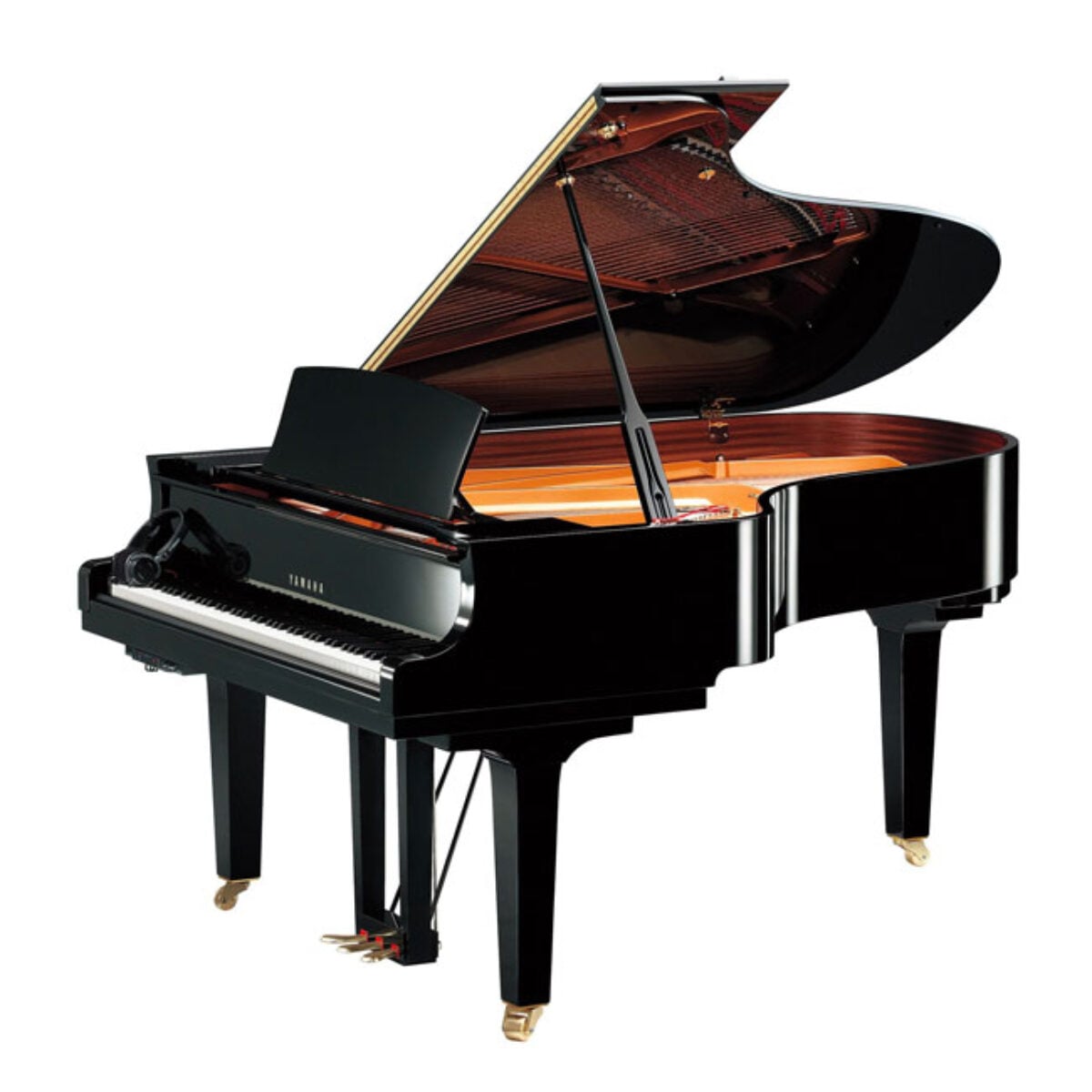 Yamaha grand piano with open lid, polished black finish, in a showroom setting.
