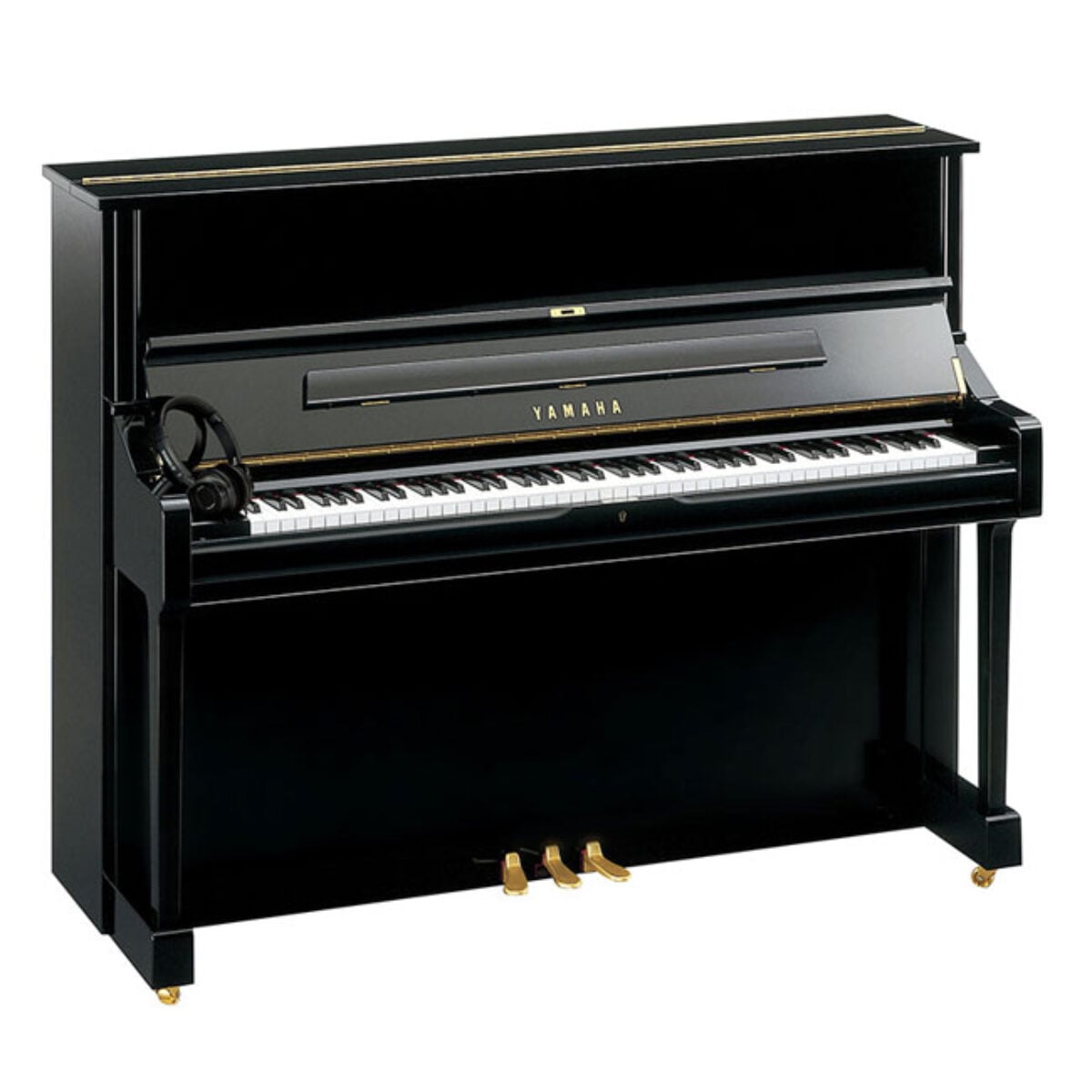 Yamaha upright piano with black polished finish, headphones on side, ideal for home or studio use.