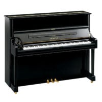 Yamaha upright piano with black polished finish, headphones on side, ideal for home or studio use.
