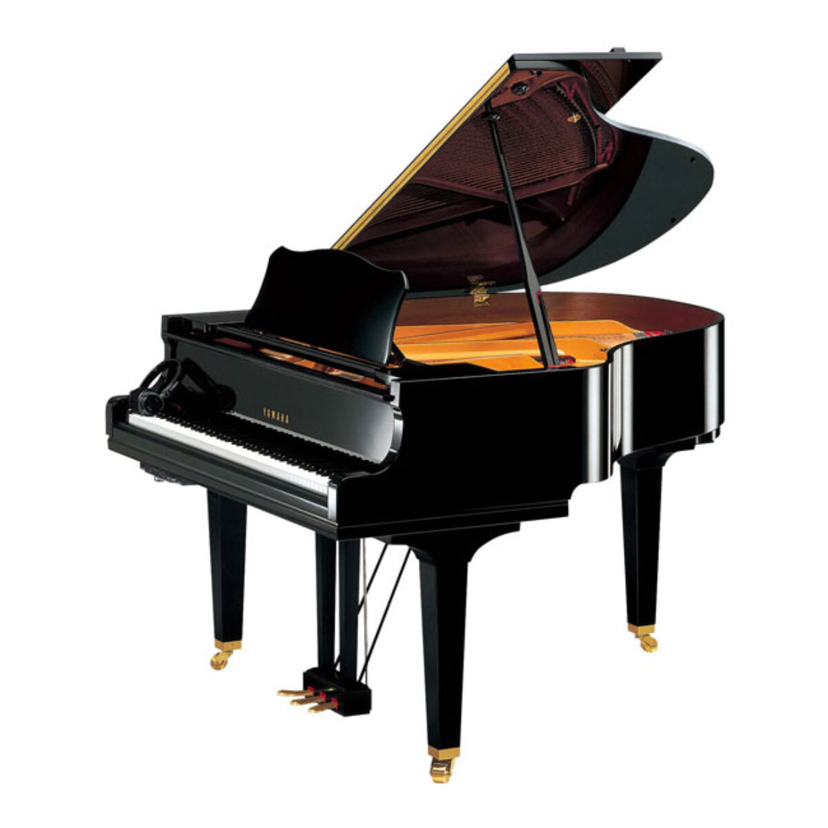 Yamaha grand piano with polished ebony finish, open lid.