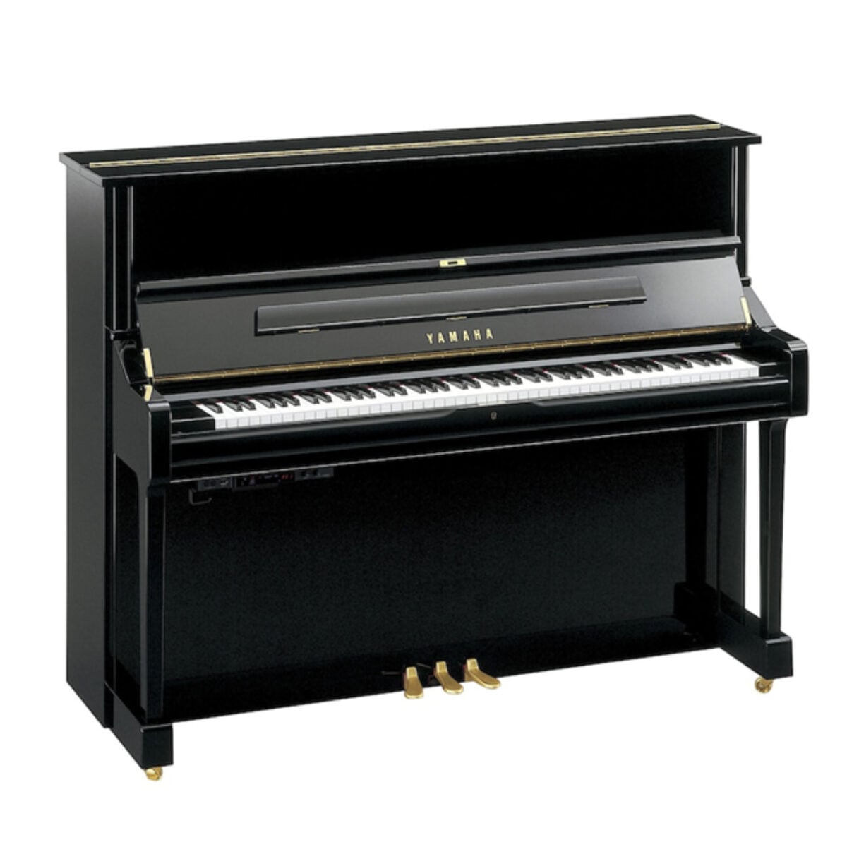 Yamaha upright piano with polished black finish.